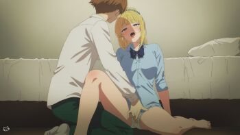 1boy 1girl aqua_scrunchie artist_logo ayanokouji_kiyotaka bedroom blonde_hair blue_shirt brown_hair commentary fingering fingering_through_clothes fingering_through_panties green_pants hair_ornament hair_scrunchie half-closed_eyes hetero high_ponytail highres karuizawa_kei keihh kneeling logo long_hair looking_at_another open_mouth paid_reward_available panties pants ponytail school_uniform scrunchie shirt single_bare_foot socks spread_legs thighs through_clothes underwear white_panties white_shirt white_socks youkoso_jitsuryoku_shijou_shugi_no_kyoushitsu_e