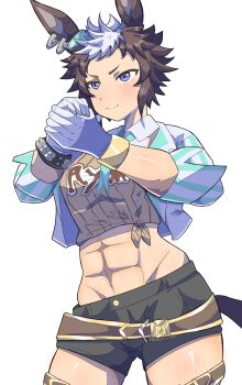 &gt;:) 1girl abs animal_ears black_shorts blush bracelet brown_hair brown_shirt closed_mouth commentary_request cropped_jacket gloves groin highres horse_ears horse_girl horse_tail jacket jewelry mejiro_ryan_(down_the_line)_(umamusume) mejiro_ryan_(umamusume) multicolored_hair navel open_clothes open_jacket own_hands_together purple_eyes shirt short_hair shorts simple_background smile solo studded_bracelet tail takobutter tied_shirt two-tone_hair umamusume v-shaped_eyebrows white_background white_gloves white_hair white_jacket