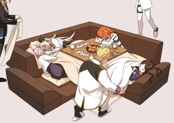 Rule 34 | 2boys, 5girls, ahoge, black bow, black jacket, black pants, black skirt, black slippers, black socks, blanket, blonde hair, blue bow, blue bowtie, blue skirt, bow, bowtie, braid, brown background, brown hair, brown shirt, chaldea uniform, closed eyes, commentary request, covering with blanket, decoponmagi, fate/grand order, fate (series), fujimaru ritsuka (female), goredolf musik, hair between eyes, hair bow, holding, holding blanket, holding hands, jacket, kadoc zemlupus, kotatsu, leonardo da vinci (fate), leonardo da vinci (fate/grand order), leonardo da vinci (rider) (fate), leonardo da vinci (rider) (first ascension) (fate), long hair, long sleeves, lying, mash kyrielight, mash kyrielight (chaldea uniform), medium hair, multiple boys, multiple girls, necktie, novum chaldea, olga marie animusphere, olga marie animusphere (unbeast), on back, on side, one side up, ophelia phamrsolone, orange hair, out of frame, pants, puff and slash sleeves, puffy sleeves, purple hair, red necktie, shirt, short hair, simple background, sitting, skirt, sleeping, slippers, socks, squatting, standing, table, thigh strap, under kotatsu, under table, walking, white hair, white jacket, white pants, white shirt, white slippers