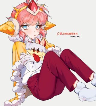Rule 34 | 1girl, 9umaking, blue eyes, blush, cape, cookie run, cookie run: kingdom, fur-trimmed cape, fur trim, gloves, grey background, highres, pants, pink hair, pout, red pants, shirt, shoes, short hair, simple background, solo, strawberry crepe cookie, translation request, white gloves, white shirt, white shoes, yellow cape
