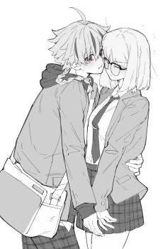 Rule 34 | 1boy, 1girl, absurdres, ahoge, blush, braid, braided ponytail, chinese commentary, closed eyes, collared shirt, commentary request, cowboy shot, fate/strange fake, fate (series), glasses, greyscale, heads together, hetero, highres, hood, jacket, medium hair, monochrome, multicolored hair, necktie, red eyes, richard i (fate), sajou ayaka (fate/strange fake), school uniform, shirt, shuouyu, simple background, single braid, skirt, spot color, streaked hair, tearing up, white background