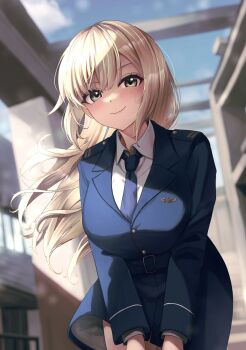1girl blonde_hair blue_eyes blue_jacket blue_necktie blurry blurry_background blush breasts character_request commentary_request feet_out_of_frame highres jacket large_breasts liar_lawyer long_hair looking_at_viewer military_uniform necktie no_pants outdoors shirt smile solo standing white_shirt wind world_witches_series