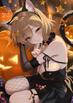 1girl absurdres alternate_costume animal_ear_hairband animal_ears anis_(nikke) black_dress blush bow breasts brown_eyes brown_hair cat_ear_hairband cat_ears cat_tail cleavage commentary_request dress fake_animal_ears fake_tail fishnet_thighhighs fishnets goddess_of_victory:_nikke hairband halloween_costume heart heart_o-ring highres index_finger_raised large_breasts looking_at_viewer nigi_(ngmnoym) o-ring o-ring_thigh_strap pumpkin short_hair single_fishnet_legwear skindentation smile solo tail tail_bow tail_ornament thigh_strap thighhighs thighs