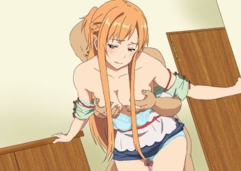 1boy asuna_(sao) bra breasts brown_eyes censored clothes_lift door from_behind grabbing_another&#039;s_breast grabbing_from_behind grinding groping leaning_forward leaning_on_object long_hair medium_breasts mr_trace_mosha orange_hair panties skirt skirt_lift standing sword_art_online thigh_sex underwear
