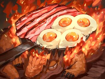 animal bacon claws closed_mouth colored_skin commentary_request cooking danryoku_(ucrh3525) egg_(food) embers fire food fried_egg frying_pan highres meat no_humans orange_eyes orange_skin original salamander spines