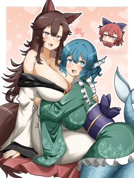 3girls :d absurdres animal_ears blue_hair breasts bright_pupils brown_eyes brown_hair cleavage collarbone commentary disembodied_head dress drill_hair drill_sidelocks fang fins frilled_kimono frills grass_root_youkai_network green_kimono head_fins heart heart_background highres huge_breasts imaizumi_kagerou japanese_clothes kimono long_hair mermaid monster_girl multiple_girls open_mouth outline pink_background red_eyes red_hair sash sekibanki short_hair sidelocks smile symbol-only_commentary tail touhou twitter_username wakasagihime white_dress white_outline white_pupils wolf_ears wolf_girl wolf_tail yamabikoyahoo