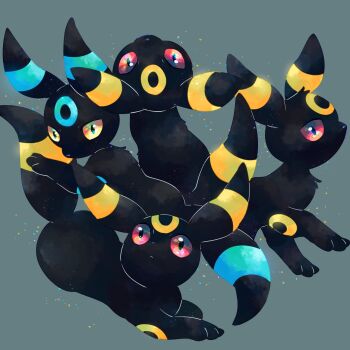 absurdres alternate_color animal_focus black_eyes check_commentary colored_sclera commentary_request gen_2_pokemon green_background highres nintendo no_humans pokemon pokemon_(creature) pokemon_focus red_sclera satan_(zoroa553) shiny_and_normal shiny_pokemon simple_background umbreon yellow_sclera