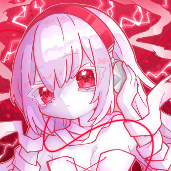 Rule 34 | 1girl, bandaged arm, bandaged leg, bandages, bare shoulders, breasts, cable, cleavage, colored eyelashes, colored skin, commentary request, doro c, dress, hair between eyes, hand on headphones, hardcore syndrome, hardcore tano c, headphones, highres, j-core, lolita 1105 15, long hair, portrait, red eyes, red theme, solo, very long hair, white dress, white eyelashes, white hair, white skin