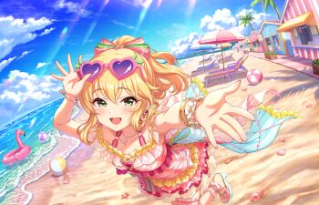 1girl annindoufu_(oicon) ball beach beach_chair beach_umbrella beachball bird blonde_hair bow building cloud flamingo frilled_one-piece_swimsuit frills game_cg green_eyes heart heart-shaped_eyewear high_heel_sandals high_heels idolmaster idolmaster_cinderella_girls idolmaster_cinderella_girls_starlight_stage official_alternate_hairstyle official_art one-piece_swimsuit open_mouth palm_tree ponytail sakurai_momoka sandals seashell shell solo starfish sunglasses swimsuit toes tree umbrella