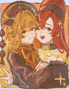 2girls :3 :d absurdres black_choker black_hat black_shirt border bow bowtie chain cheek-to-cheek choker closed_mouth curtained_hair dalachi_(headdress) hand_on_another&#039;s_arm hat heads_together hecatia_lapislazuli highres junko_(touhou) long_hair long_sleeves looking_at_viewer multiple_girls oftooon one_eye_closed open_mouth orange_background orange_hair red_eyes red_hair red_tabard shirt signature sketch sleeves_past_fingers sleeves_past_wrists smile sparkle tabard touhou underworld_(ornament) upper_body v watermark white_border yellow_bow yellow_bowtie