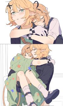 2girls addendium ahoge black_jacket blonde_hair carrying dokibird dokibird_(bounty_hunter) dooby gloves green_eyes hair_ornament highres indie_virtual_youtuber jacket jerboa_tail multicolored_hair multiple_girls overalls pointy_ears princess_carry short_hair sleeping streaked_hair tail virtual_youtuber white_background white_gloves