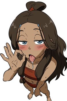 1girl avatar:_the_last_airbender avatar_legends bikini blue_eyes blush brown_hair dark-skinned_female dark_skin fellatio_gesture from_above highres katara long_hair looking_at_viewer mugen887 red_bikini simple_background solo spanish_commentary swimsuit tongue tongue_out topknot white_background