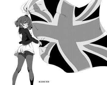 1girl absurdres amelia_(pathways) blunt_bangs breasts commentary dress english_commentary flag floating_hair from_behind greyscale grin halftone highres holding holding_flag jacket john_doe0542 looking_at_viewer looking_back medium_hair monochrome open_clothes open_jacket pantyhose pathways_(game) short_dress signature simple_background smile solo turning_head twisted_torso union_jack united_kingdom white_background