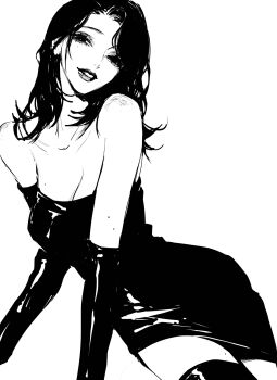 1girl breasts cleavage cowboy_shot detached_sleeves dress greyscale highres lips looking_at_viewer medium_breasts medium_hair mole mole_on_arm mole_under_mouth monochrome original parted_lips short_dress simple_background sleeveless sleeveless_dress smile solo strapless strapless_dress teeniika white_background