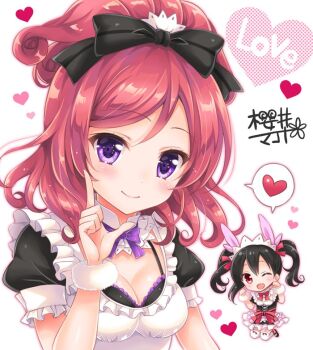 2girls ;d artist_name black_bow black_hair bow bowtie breasts cleavage commentary_request detached_collar frilled_sleeves frills hair_bow hair_ribbon half_updo heart index_finger_raised jumping looking_at_viewer love_live! love_live!_school_idol_project maid maid_headdress medium_breasts medium_hair mogyutto_&quot;love&quot;_de_sekkin_chuu! multiple_girls nishikino_maki one_eye_closed open_mouth paw_pose purple_eyes purple_neckwear red_eyes red_hair red_neckwear ribbon sakurai_makoto_(custom_size) short_sleeves signature smile spoken_heart twintails wristband yazawa_nico