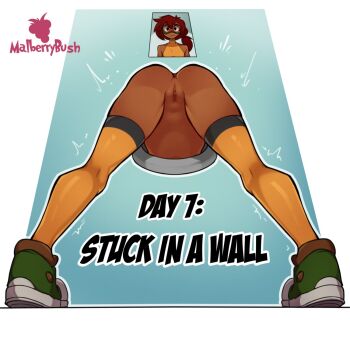 1girl ^^^ anus artist_name ass bdsm bondage bottomless bound commentary dark-skinned_female dark_skin english_commentary english_text from_behind from_below frown glory_wall green_shoes head_out_of_frame highres kinktober legs legs_apart lower_body malberrybush malyna_(malberrybush) no_panties original outline photo_(object) pussy shoes solo spread_legs stuck thighhighs through_wall uncensored white_outline yellow_thighhighs