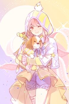 1girl absurdres animal animal_on_head argyle_cloak balloon baronet beagle bird bird_on_head bow bowtie brown_eyes chinese_commentary circle cloak closed_mouth clothed_animal commentary_request cowboy_shot dog dot_nose eyelashes fingerless_gloves frilled_sleeves frills gloves happy highres holding holding_animal holding_dog hood hood_up hooded_cloak infinity_nikki light_blush light_particles lips long_hair long_sleeves nikki_(nikki) nikki_(series) on_head one_eye_closed pink_hair pink_lips pink_ribbon purple_background purple_bow purple_bowtie purple_cloak purple_shorts ribbon shirt shorts sidelocks single_thighhigh smile solo sparkle split-color_clothes standing striped_clothes stuffed_animal stuffed_toy tailcoat tareme teddy_bear thighhighs two-tone_background two-tone_cloak vertical-striped_cloak vertical-striped_clothes wavy_hair white_bird white_thighhighs yellow_background yellow_cloak yellow_gloves yellow_shirt