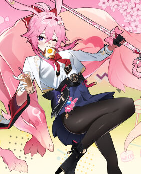 1girl absurdres amiris_(amiris76455574) ankle_boots asymmetrical_gloves black_boots black_gloves black_pantyhose blue_skirt boots bow bowtie bread bread_slice commentary_request evanescia_(honkai:_star_rail) flower food food_in_mouth foot_out_of_frame fox_girl fox_tail fried_egg gloves hair_bow hair_flower hair_intakes hair_ornament high-waist_skirt high_heels highres holding holding_stick honkai:_star_rail honkai_(series) jacket measuring_stick mismatched_gloves mouth_hold one_eye_closed open_clothes open_jacket pantyhose pink_eyes pink_hair pleated_skirt red_bow red_bowtie shirt shirt_tucked_in skirt solo stick tail toast toast_in_mouth white_gloves white_jacket white_shirt
