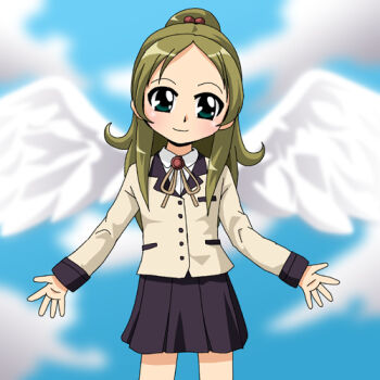 Rule 34 | 1girl, angel beats!, angel wings, black skirt, blazer, blue sky, blush, brown hair, buttons, cloud, commentary request, cosplay, cowboy shot, day, feathered wings, green eyes, green hair, hair bobbles, hair ornament, half updo, jacket, kono1, long hair, long sleeves, looking at viewer, lowres, minamino kanade, name connection, outstretched arms, pleated skirt, ponytail, precure, ribbon, school uniform, shirt, skirt, sky, smile, solo, suite precure, tachibana kanade, tachibana kanade (cosplay), wings