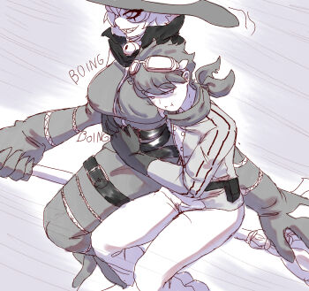 1boy 1girl absurdres bouncing_breasts breast_rest breasts breasts_on_head broom broom_riding digimon digimon_(creature) digimon_story:_time_stranger gloves goggles goggles_on_head greyscale hat hectaryecgaa hetero highres jacket large_breasts long_skirt monochrome motion_lines scarf sharp_teeth short_hair skirt sound_effects speed_lines teeth witch witch_hat witchmon yuuki_dan