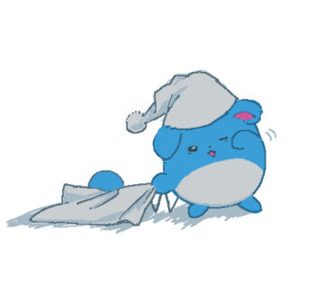 :3 animal_focus bad_id bad_pixiv_id bags_under_eyes black_eyes butter_(oshi8kyoumoh) clothed_pokemon full_body gen_2_pokemon grey_hat hat holding_cloth jaggy_lines marill motion_lines nightcap nintendo no_humans one_eye_closed open_mouth pokemon pokemon_(creature) pom_pom_(clothes) rubbing_eyes simple_background sleepy solo standing white_background