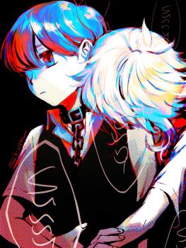 Rule 34 | 2boys, antenna hair, artist name, basil (faraway) (omori), basil (omori), black eyes, black hair, black sweater vest, blonde hair, chain, closed mouth, collar, collared shirt, english text, highres, hug, hug from behind, limited palette, male focus, multiple boys, omori, shioya (shioya omo), shirt, short hair, speech bubble, sunny (omori), sweater vest, white shirt