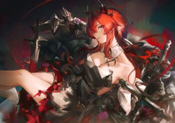 1girl absurdres arknights arknights:_endfield bare_shoulders black_dress black_gloves black_horns breasts collarbone commentary demon_horns dress english_commentary feet_out_of_frame gloves hair_between_eyes hair_intakes highres holding holding_sword holding_weapon horns laevatein_(arknights) large_breasts light_smile long_hair looking_at_viewer miaosu parted_lips purple_eyes red_hair solo surtr_(arknights) sword teeth weapon