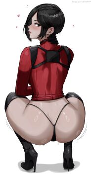 1girl ada_wong aelion_draws asian ass back black_boots black_hair black_panties black_shoes boots breasts brown_eyes dress from_behind gun harness high_heel_boots high_heels highleg highleg_panties highres holding holding_gun holding_weapon holster long_sleeves looking_at_viewer looking_back panties red_dress red_sweater resident_evil resident_evil_4 resident_evil_4_(remake) shoes short_hair shoulder_blades shoulder_holster simple_background smile solo squatting stiletto_boots stiletto_heels string_panties sweater sweater_dress thigh_boots thighhighs thighs thong turtleneck turtleneck_dress underwear weapon white_background