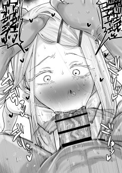 1boy 1girl absurdres bar_censor blush censored fellatio gakuen_idolmaster greyscale hair_ornament hairclip head_grab heart hetero highres idolmaster irrumatio kaiman_garupan loli monochrome oral penis shinosawa_hiro