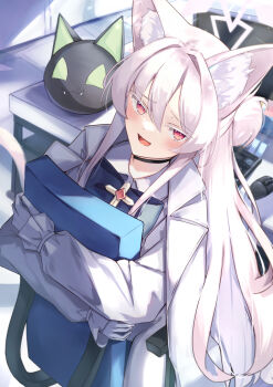 1girl :d aki_tsune akira_(blue_archive) animal_ear_fluff animal_ears black_bow black_bowtie black_choker blue_archive blush bow bowtie cat_ears cat_girl cat_tail chair choker coat coat_on_shoulders collared_shirt colored_eyelashes commentary computer_keyboard eyes_visible_through_hair feet_out_of_frame furrowed_brow gloves hair_between_eyes hair_intakes half_updo halo highres hugging_object indoors long_hair long_sleeves looking_at_viewer monitor office on_chair open_mouth pants pink_halo ponytail red_eyes shirt short_ponytail sidelocks sitting smile solo straight_hair table tail tail_raised tsurime upturned_eyes very_long_hair white_coat white_eyelashes white_gloves white_hair white_pants white_shirt