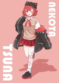 Rule 34 | 1girl, :3, absurdres, animal hat, ankle socks, argyle clothes, argyle skirt, arm up, bandaid, bandaid on leg, bandaid on thigh, black choker, black jacket, blush, breasts, brown sweater, cat choker, cat hat, character name, cherry hat ornament, choker, collared shirt, colored inner jacket, commentary, crossed bandaids, fang, full body, hat, highres, jacket, jacket partially removed, looking at viewer, maruwo pu, medium breasts, multicolored hair, neckerchief, nekota tsuna, nekota tsuna (4th costume), official alternate costume, official alternate hairstyle, one eye closed, orange eyes, orange streaks, paw hair ornament, paw hairpin, pink background, raised eyebrows, red hair, red neckerchief, school uniform, shirt, short hair, simple background, single sleeve past fingers, skirt, sleeves past wrists, smile, socks, solo, streaked hair, sweater, symbol-only commentary, thick eyelashes, thighs, virtual youtuber, vspo!, white shirt, white socks