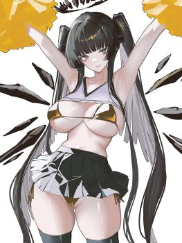 1girl absurdres alternate_breast_size_(larger) angel arknights bikini black_hair black_halo black_skirt breasts cameltoe cheerleader commentary_request crop_top detached_wings gold_bikini halo highres holding holding_pom_poms large_breasts long_hair miniskirt navel pom_pom_(cheerleading) pom_poms skirt solo stomach swimsuit twintails very_long_hair virtuosa_(arknights) vxdrq wings