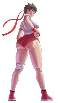 1girl artisek03 ass brown_hair buruma capcom commission converse female_focus fingerless_gloves gloves headband kasugano_sakura looking_at_viewer looking_back official_alternate_costume red_buruma red_gloves red_headband shirt shoes short_hair sneakers solo sportswear street_fighter street_fighter_iv_(series) thighs white_shirt