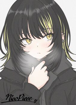 1girl black_hair black_jacket black_nails black_scarf blonde_hair commentary_request ear_piercing idolmaster idolmaster_shiny_colors ikaruga_luca jacket looking_at_viewer medium_hair multicolored_hair nail_polish nicopieee piercing scarf signature simple_background solo streaked_hair translation_request two-tone_hair upper_body white_background winter_clothes yellow_eyes