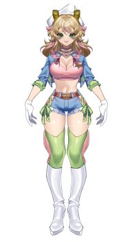 1girl absurdres alternate_costume belt blonde_hair boots breasts cleavage cowboy_hat curly_hair full_body gloves green_eyes hat highres indie_virtual_youtuber jacket official_alternate_costume official_art open_clothes open_jacket pastaroniravioli scarf sheriff_badge simple_background solo thighhighs thighs virtual_youtuber white_background