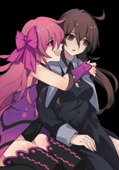 2girls ahoge black_background black_leotard blush bow brown_hair choker cross cross_necklace dark_persona dead_apostle_noel_(tsukihime) dress dual_persona empty_eyes fang hand_on_another&#039;s_shoulder highres hug jewelry leotard long_hair looking_at_another messy_hair multiple_girls necklace noel_(tsukihime) nun partially_shaded_face pink_bow pink_hair purple_dress red_eyes sitting thighhighs thighs tierra_misu tsukihime tsukihime_(remake) tunic vampire wavy_hair wing_collar zettai_ryouiki