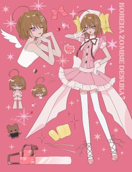 1girl :d ;p ahoge angel_wings ankle_lace-up back_bow bow breasts brown_hair brown_ribbon button_gap chainsaw chibi chibi_inset chopsticks copyright_name cropped_torso detached_wings food frilled_skirt frills full_body garter_straps gem gloves hair_bow hair_ornament hairclip hand_on_own_hip hands_on_own_hips haruna_(korezom) hat head_rest heart-shaped_gem highres kore_wa_zombie_desu_ka? large_bow magical_girl multiple_views navel neck_ribbon omelet one_eye_closed open_mouth pink_background pink_bow pink_gemstone pink_shirt pink_shoes pink_shorts pink_skirt puffy_short_sleeves puffy_sleeves puritan_collar purple_eyes red_gemstone renli_lo ribbon shirt shoes short_hair short_sleeves shorts skirt sleepwear sleeveless sleeveless_shirt small_breasts smile solo spaghetti_strap sparkle_background standing stuffed_animal stuffed_toy tamagoyaki teddy_bear thighhighs tongue tongue_out w white_bow white_garter_straps white_gloves white_hat white_shirt white_thighhighs wings yellow_bow