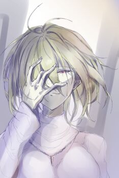 1girl ahoge arcueid_brunestud blonde_hair blood blood_on_face breasts commentary english_commentary hair_intakes hair_over_one_eye hand_on_own_face jewelry looking_at_viewer necklace red_eyes sketch smile sweater tsukihime tsukihime_(remake) tsukiri_project turtleneck turtleneck_sweater wavy_hair white_sweater