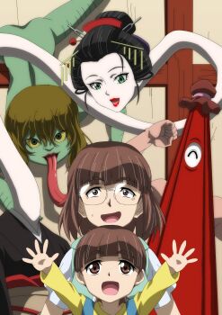 1boy 1other 3girls akaname akaname_(gegege_no_kitarou_6) backpack bag black_hair black_kimono blue_bag brown_eyes brown_hair colored_sclera crawling gegege_no_kitarou glasses green_eyes hands_up highres japanese_clothes karakasa_obake kasa-bake_(gegege_no_kitarou_6) kimono long_tongue looking_at_viewer medibang_paint_(medium) multiple_girls muscular natsumi_(gegege_no_kitarou_6) nori_gutchin obi oil-paper_umbrella red_lips red_umbrella rokurokubi rokurokubi_(gegege_no_kitarou_6) sash shirt shouji sliding_doors smile tongue umbrella very_long_tongue white_shirt yellow_sclera yellow_shirt