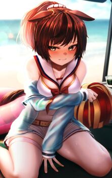 1girl animal_ears arm_under_breasts beach blue_hoodie blush breasts cheerleader closed_mouth commentary_request ears_down highres holding holding_pom_poms hood hoodie horse_ears horse_girl horse_tail hoshikuzu_kizuna_(kizuna_stardust) innertube kneeling long_sleeves medium_breasts navel nice_nature_(run&amp;win)_(umamusume) nice_nature_(umamusume) outdoors pom_pom_(cheerleading) pom_poms ponytail red_hair revision sand sitting solo swim_ring tail thigh_strap umamusume umbrella umbrella_stand wariza yellow_eyes