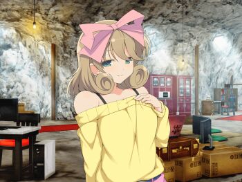 1girl armpit_crease belt biting_own_lip blush body_blush bookshelf bow box bra_strap breasts brown_hair cabinet cardboard_box cave chair collarbone computer curly_hair desk green_eyes hair_bow half-closed_eyes hanging_light haruka_(senran_kagura) indoors laptop large_breasts looking_at_viewer microwave official_art pink_bow pink_skirt seductive_smile senran_kagura senran_kagura_shoujo-tachi_no_shin'ei short_hair skirt smile solo sweater swept_bangs table yaegashi_nan yellow_sweater