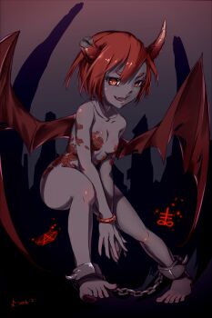 1girl ankle_cuffs azazel_(the_binding_of_isaac) barefoot broken_horn chain colored_skin cuffs dated demon_girl demon_wings eyebrows fang female_focus grey_skin horns koreneko looking_at_viewer nude pentagram red_eyes red_hair scales shackles short_hair slit_pupils smirk solo the_binding_of_isaac wings
