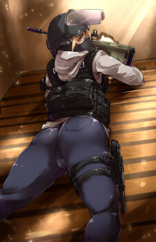 1girl ass assault_rifle ayyh balaclava blonde_hair bullpup cosplay female_focus gun h&amp;k_usp handgun heckler_&amp;_koch helmet highres i.q. looking_at_viewer looking_back mask military_operator monika_weiss original pistol rainbow_six rainbow_six_siege rifle solo steyr_aug suppressor weapon yellow_eyes