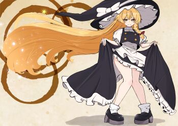 1girl absurdly_long_hair absurdres apron black_shoes black_skirt black_vest blonde_hair blush braid bright_pupils closed_mouth clothes_lift commentary_request frills full_body hair_ribbon hat highres kirisame_marisa large_hat legs long_hair looking_at_viewer ribbon shirt shoes short_sleeves skirt skirt_lift smile socks solo star_(symbol) thighs tooya0130 touhou very_long_hair vest white_pupils white_shirt white_socks witch_hat yellow_eyes