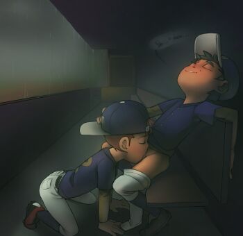 2boys anonanim backwards_hat baseball_uniform cleats closed_eyes clothes_pull commentary cunnilingus cuntboy dark dark-skinned_male dark_skin dimitri_florez_(anonanim) dugout english_commentary english_text full_body hat highres josh_mcennis_(anonanim) kodomo_doushi male_focus mole mole_under_eye multiple_boys oral original pants pants_pull profanity rain riverside_rail_demons_uniform shadow shelter shoes shota sitting sportswear yaoi