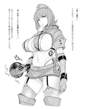 1boy 1girl araichir bar_censor bikini breasts censored erection expressionless fate/grand_order fate_(series) florence_nightingale_(fate) florence_nightingale_(trick_or_treatment)_(fate) garter_belt garter_straps glory_hole gloved_handjob gloves greyscale handjob hat highres looking_at_viewer monochrome nurse nurse_cap penis public_use swimsuit thighhighs translated