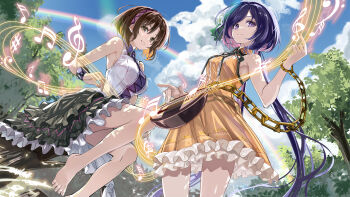 2girls absurdres adapted_costume barefoot biwa_lute black_skirt blue_sky brown_eyes brown_hair closed_mouth cloud commentary_request commission day dress frilled_skirt frills hairband highres instrument l.f. long_hair looking_at_viewer lute_(instrument) multiple_girls musical_note musical_staff open_mouth outdoors pink_hairband pixiv_commission purple_eyes purple_hair shirt skirt sky sleeveless sleeveless_dress smile toes touhou tree tsukumo_benben tsukumo_yatsuhashi twintails white_shirt yellow_dress