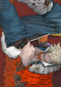 1boy absurdres bakugou_katsuki blonde_hair boku_no_hero_academia boots cape ear_piercing fur-trimmed_cape fur_trim highres jewelry llo91s male_focus necklace open_mouth pants piercing red_background red_eyes rotated scar short_hair solo spiked_hair toned toned_male topless_male