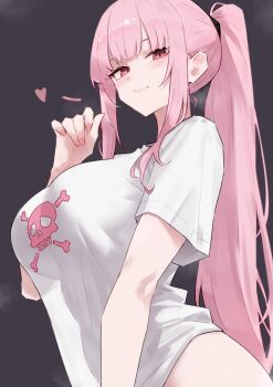 1girl absurdres bluefield blunt_bangs breasts closed_mouth grey_background hand_up heart highres hololive hololive_english large_breasts long_hair looking_at_viewer mori_calliope nail_polish naked_shirt pink_eyes pink_hair pink_nails ponytail print_shirt see-through_silhouette shirt sidelocks simple_background skull_and_crossbones smile solo t-shirt upper_body very_long_hair virtual_youtuber white_shirt