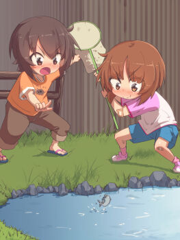 2girls absurdres aged_down bandaid blush brown_eyes brown_hair butterfly_net child fish full_body girls_und_panzer grass hand_net highres holding jinguu_(4839ms) long_sleeves multiple_girls nishizumi_maho nishizumi_miho open_mouth orange_shirt outdoors pink_shirt pointing pond sandals shirt shoes short_hair shorts siblings sisters standing